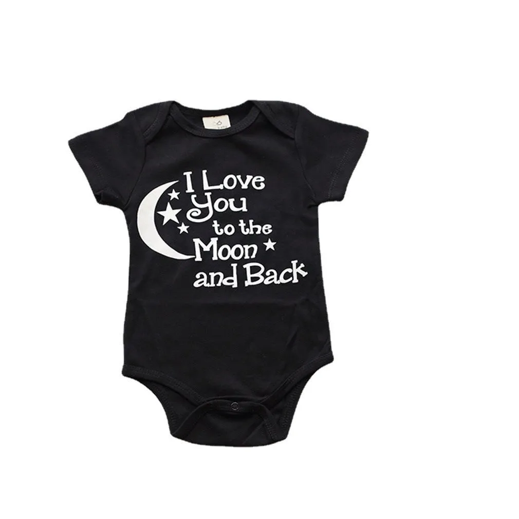 Baby boys black polyester romper with moon, star and letter print, short sleeves, triangle climbing style