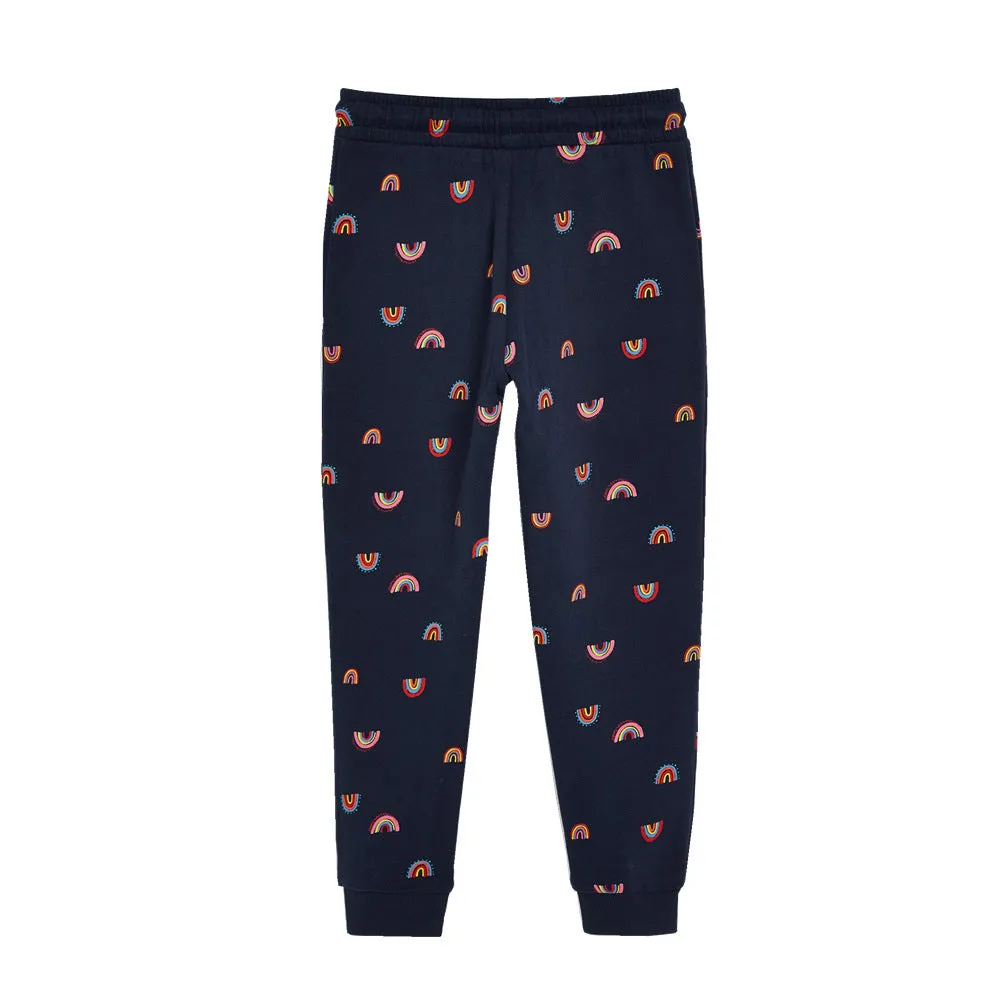 Navy blue children's knitted cotton cartoon trousers for boys ages 3-8, soft treatment fabric
