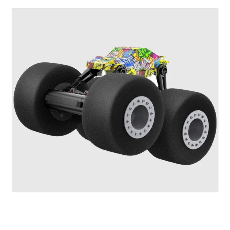 Remote control stunt truck with sponge tires and cool lights on a wooden floor