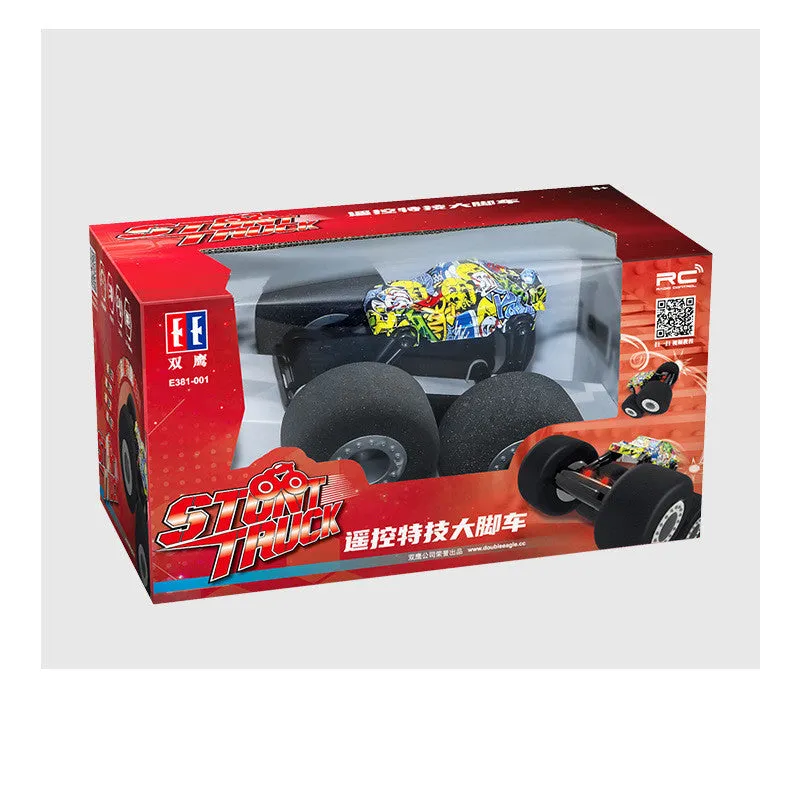 Remote control stunt truck with sponge tires and cool lights on a wooden floor