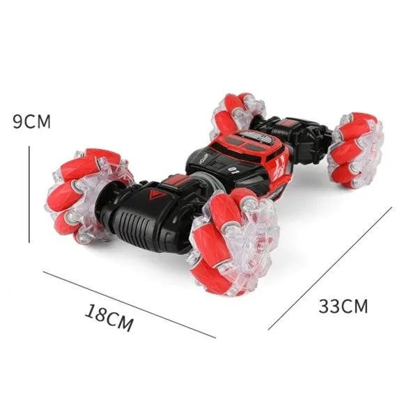 4WD RC stunt car in red with gesture remote control, morphing off-road design, plastic construction