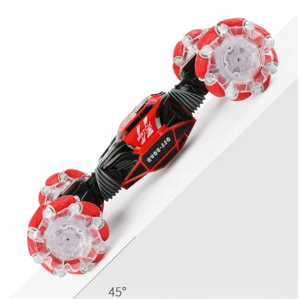 4WD RC stunt car in red with gesture remote control, morphing off-road design, plastic construction