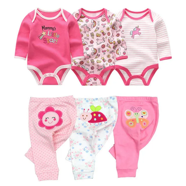 Cotton baby girl bodysuits and pants sets in five colour options for ages 3-12 months