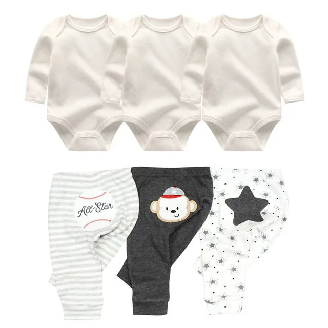 Cotton baby girl bodysuits and pants sets in five colour options for ages 3-12 months