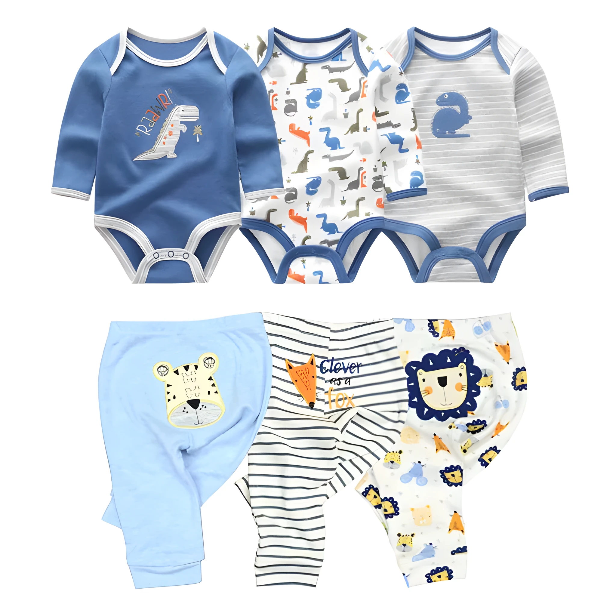Cotton baby girl bodysuits and pants sets in five colour options for ages 3-12 months