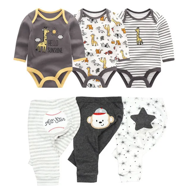 Cotton baby girl bodysuits and pants sets in five colour options for ages 3-12 months