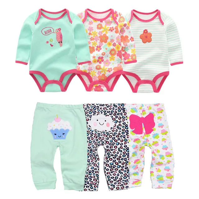 Cotton baby girl bodysuits and pants sets in five colour options for ages 3-12 months