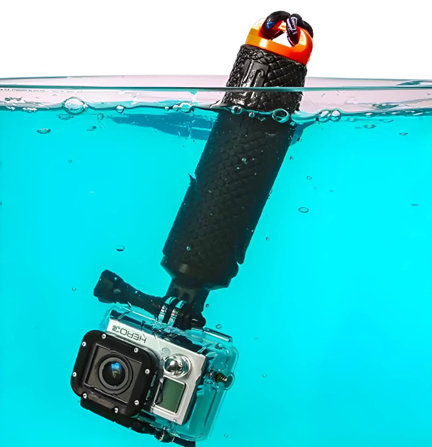 Waterproof floating selfie stick for action cameras in bright colour with hand rope