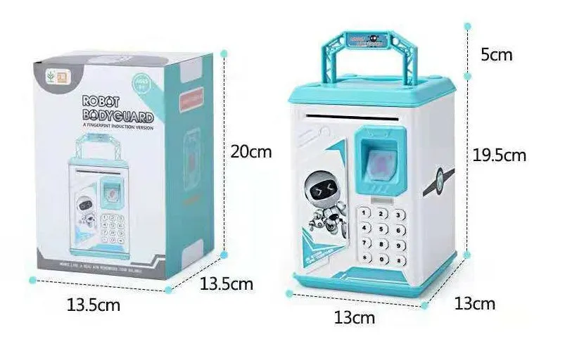 Blue plastic electronic piggy bank with fingerprint scanner and ATM keypad, 13cm height