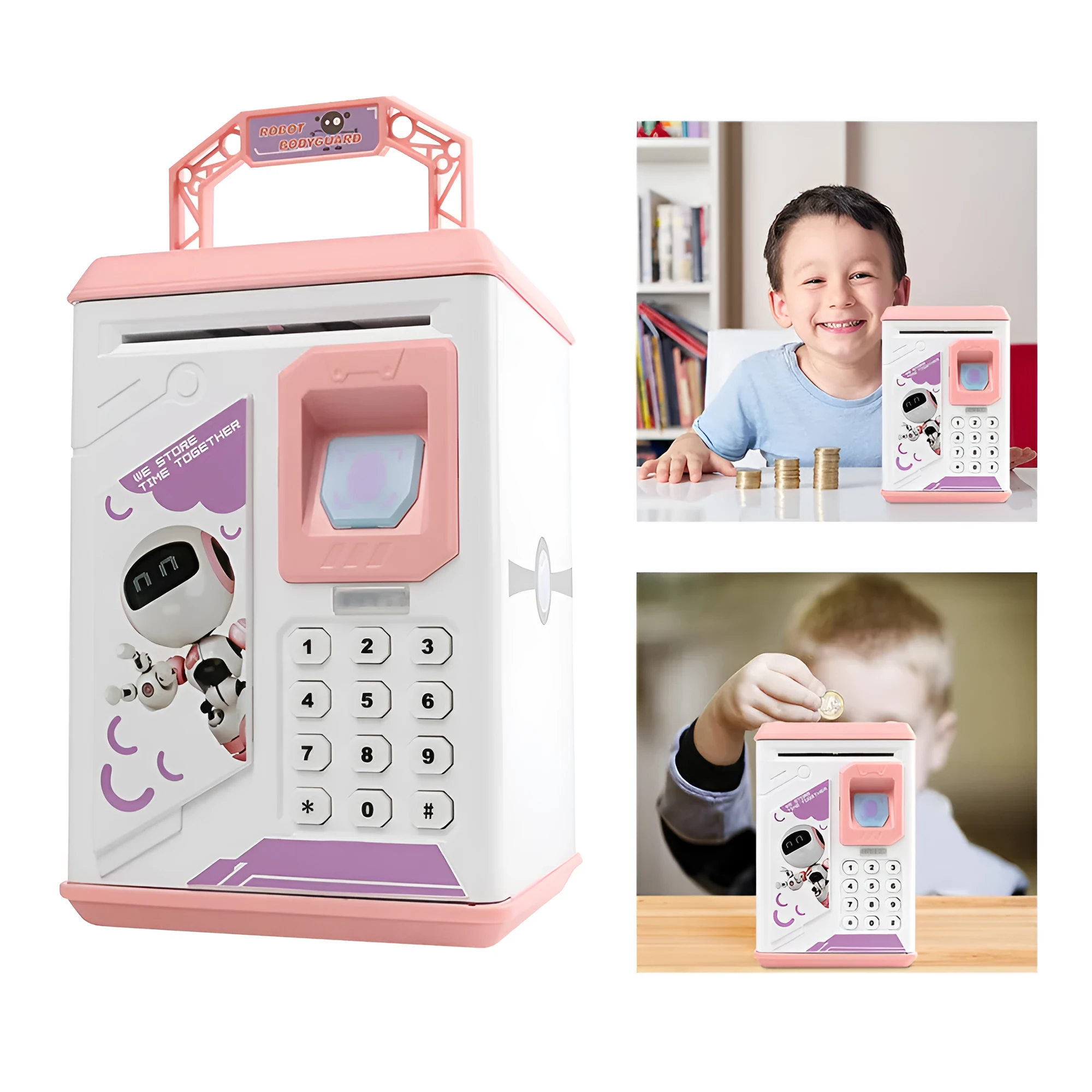 Blue plastic electronic piggy bank with fingerprint scanner and ATM keypad, 13cm height