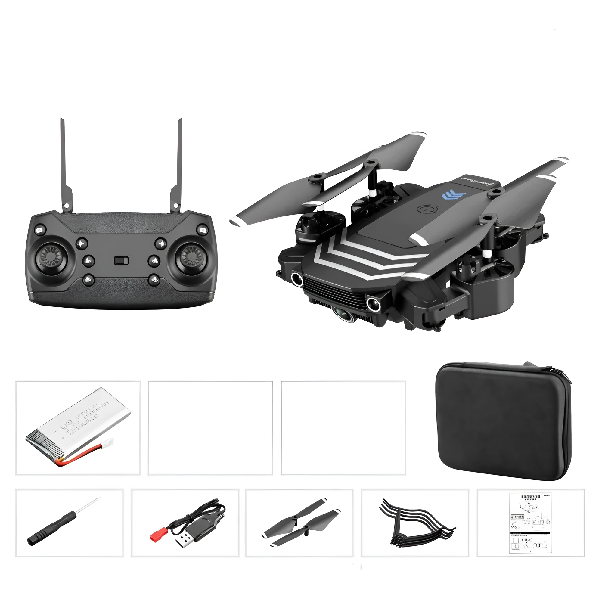 Remote control four-axis quadcopter drone with foldable arms and 4K camera, black, on a flat surface