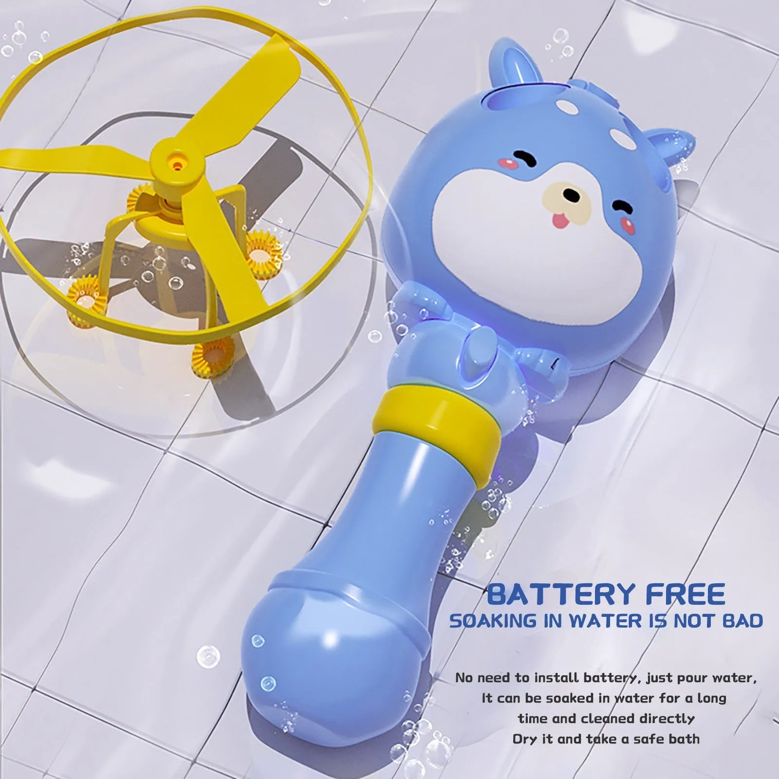 Bamboo Dragonfly rotating flying bubble machine in blue with music and lights for outdoor kids play