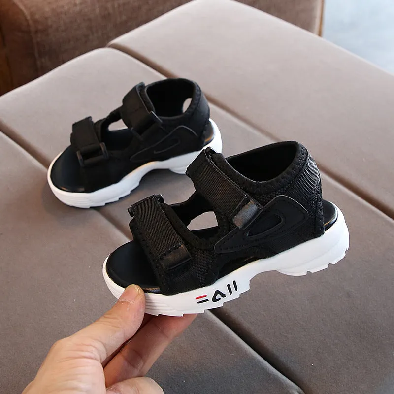 Toddler unisex beach shoes with soft rubber sole, breathable super fiber leather upper, Velcro fastening, black colour