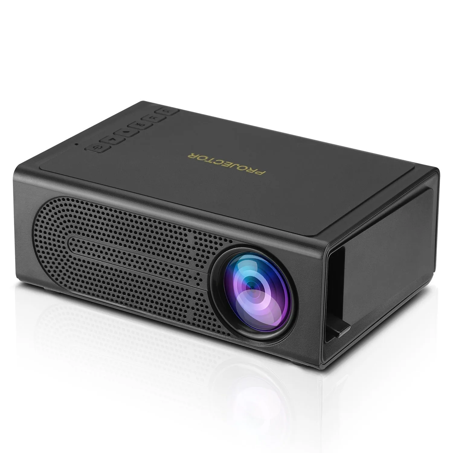 Black portable mini projector with wired connection cable for mobile phone screen mirroring