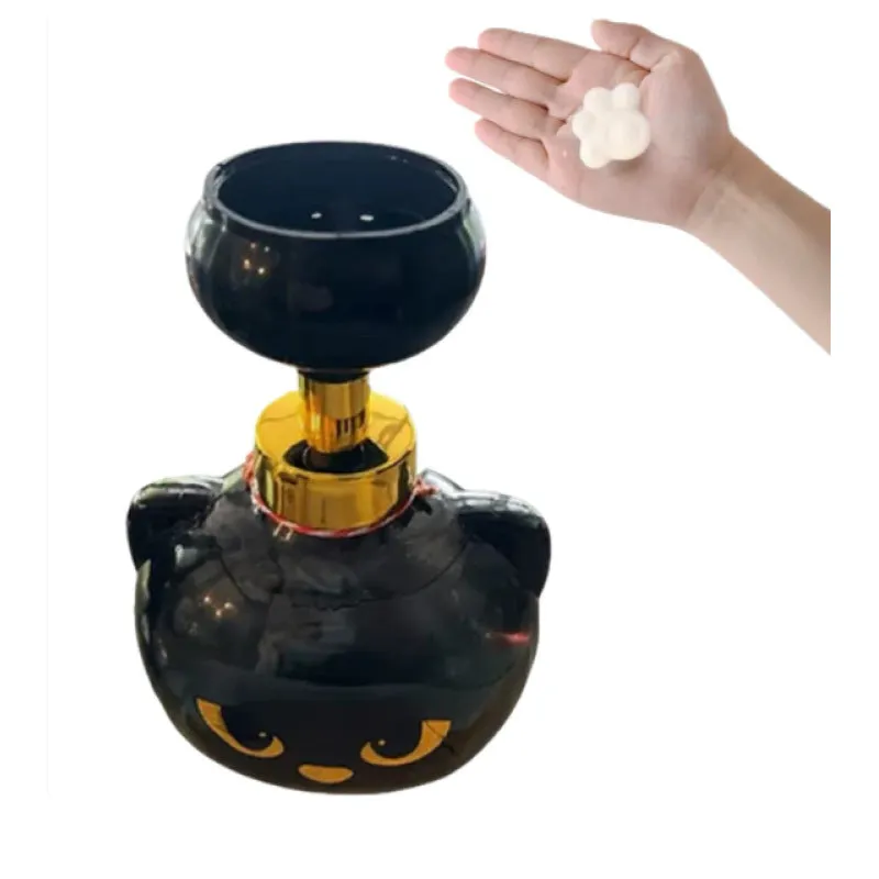 Black plastic cat cartoon foam soap dispenser measuring 10x10x18cm with decorative ornament design