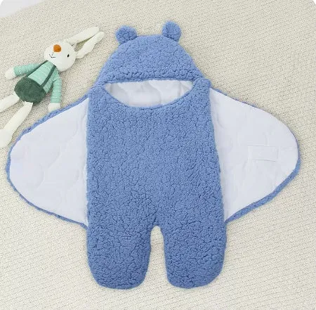 Baby hugging bag cotton lamb wool swaddling quilt in blue thickened version, 80x85cm size, on a soft surface