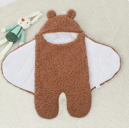 Baby hugging bag cotton lamb wool swaddling quilt in blue thickened version, 80x85cm size, on a soft surface