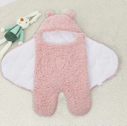 Baby hugging bag cotton lamb wool swaddling quilt in blue thickened version, 80x85cm size, on a soft surface