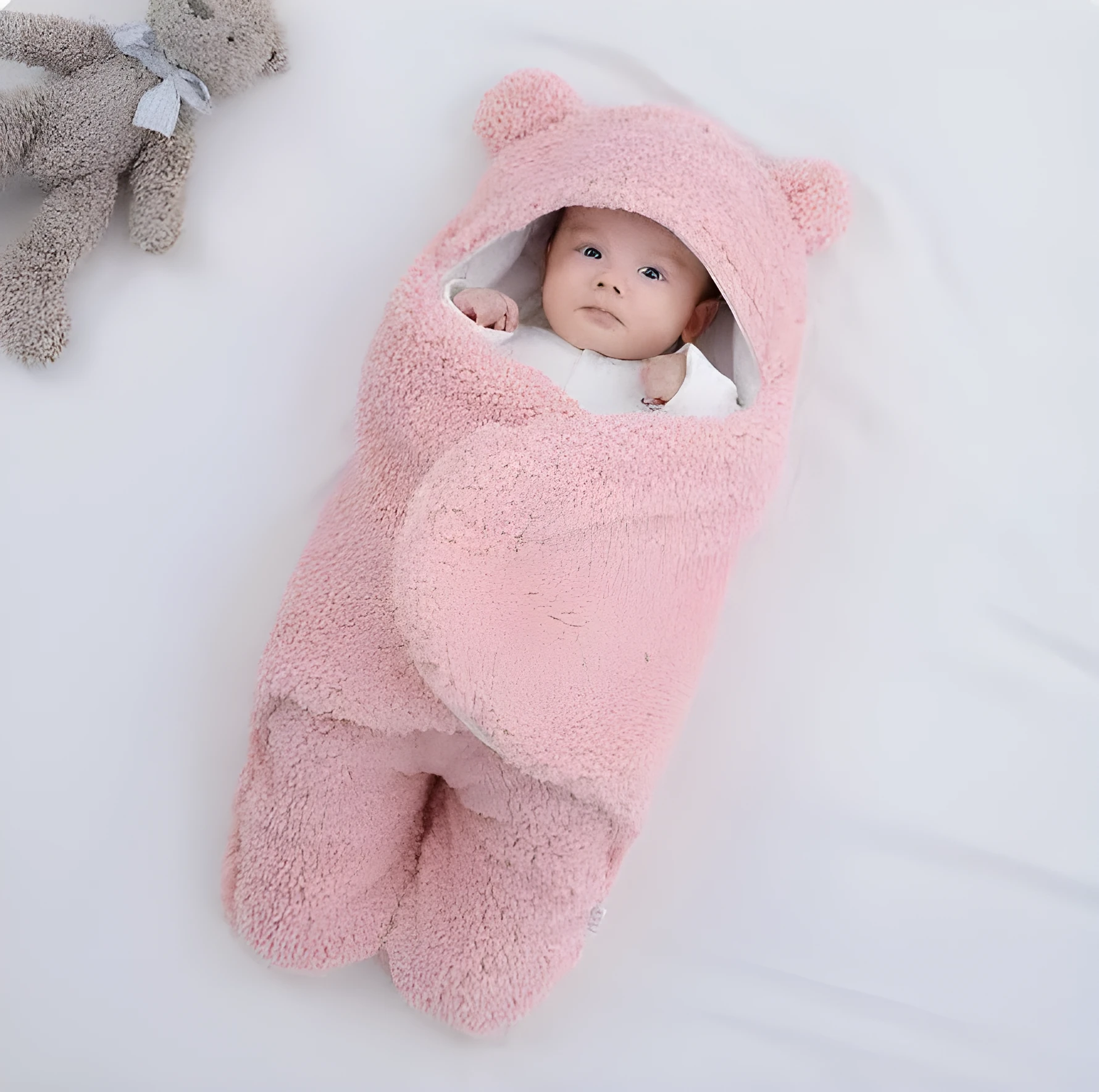 Baby hugging bag cotton lamb wool swaddling quilt in blue thickened version, 80x85cm size, on a soft surface