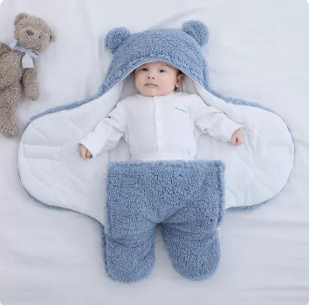 Baby hugging bag cotton lamb wool swaddling quilt in blue thickened version, 80x85cm size, on a soft surface