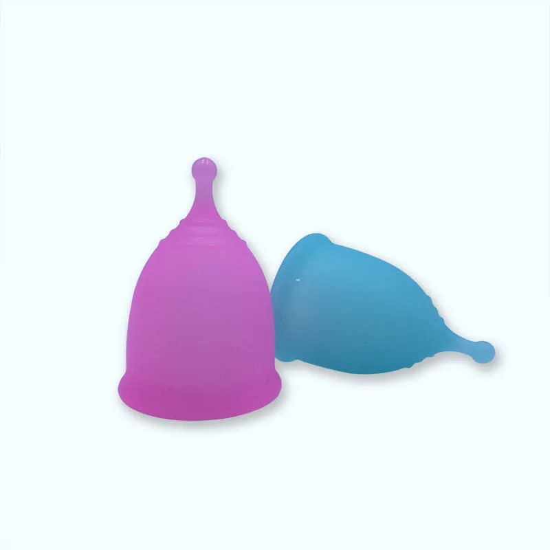 Medical grade silicone menstrual cup in black with two sizes L and S shown side by side