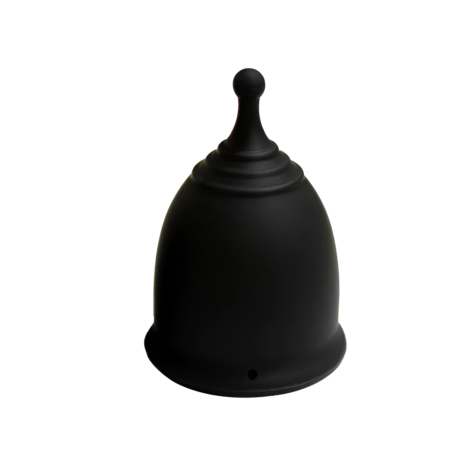 Medical grade silicone menstrual cup in black with two sizes L and S shown side by side