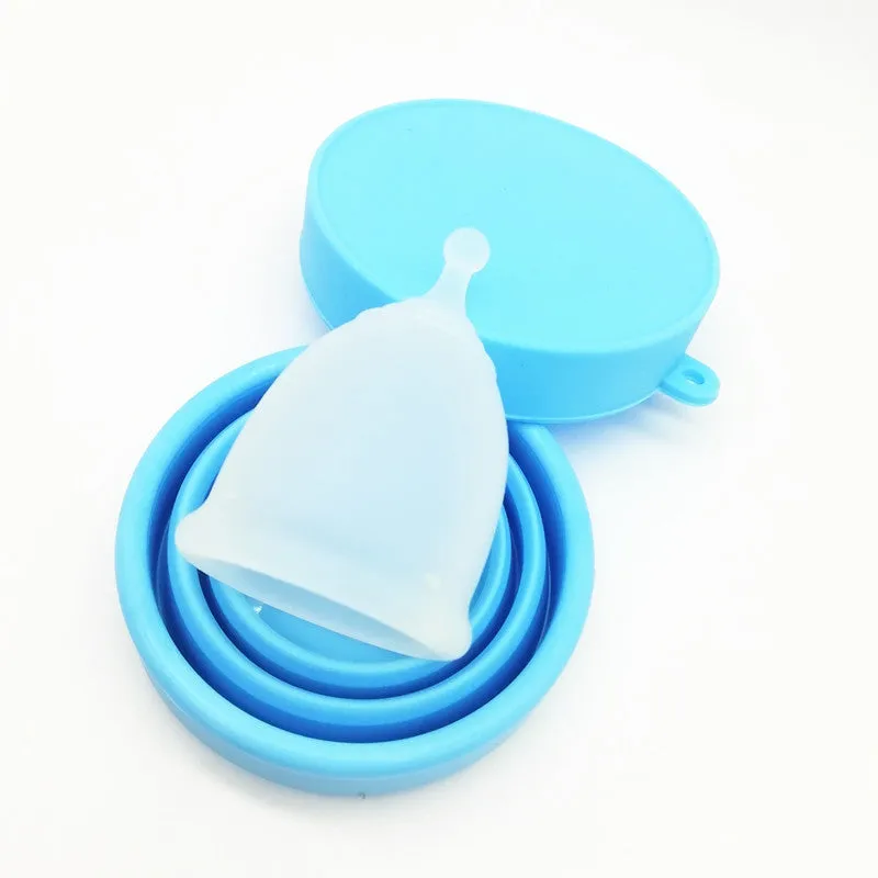 Medical grade silicone menstrual cup in black with two sizes L and S shown side by side