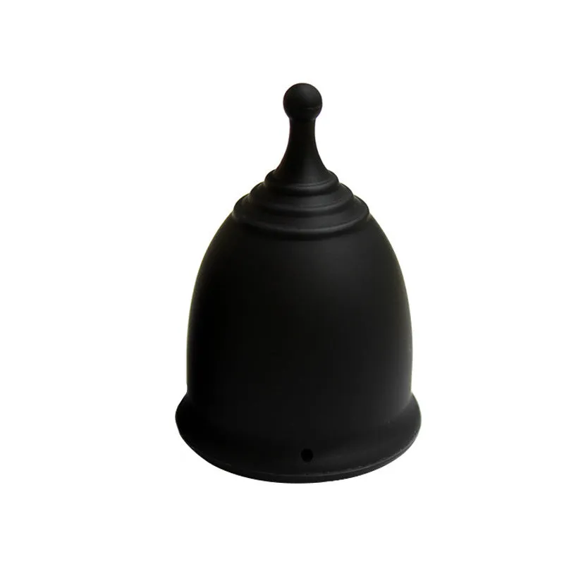 Medical grade silicone menstrual cup in black with two sizes L and S shown side by side