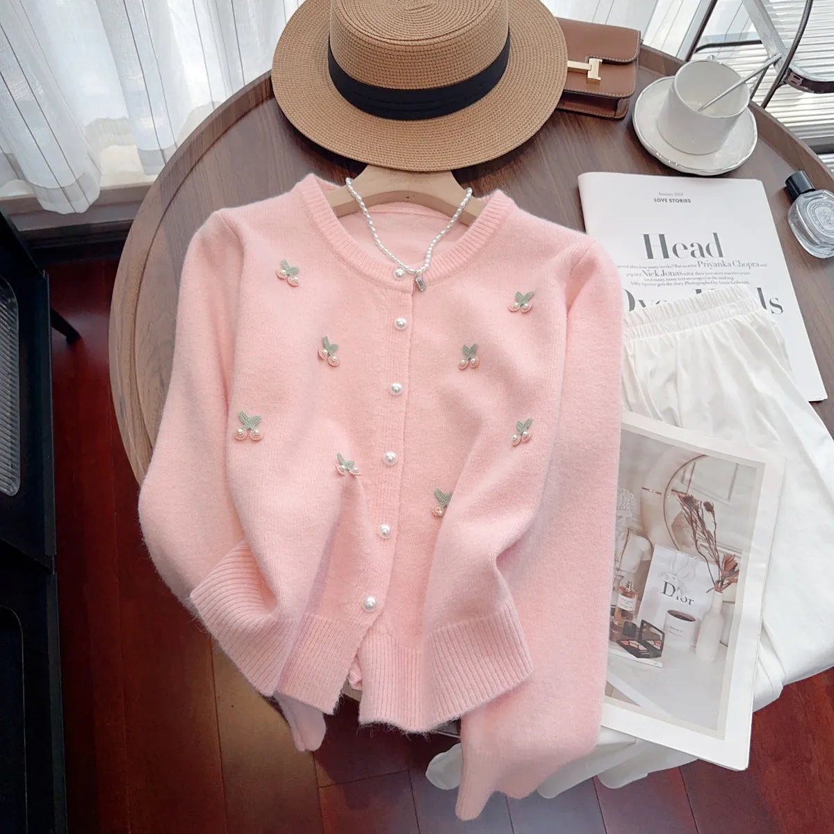French cashmere cardigan coat with beaded round neck decoration in multiple colour options