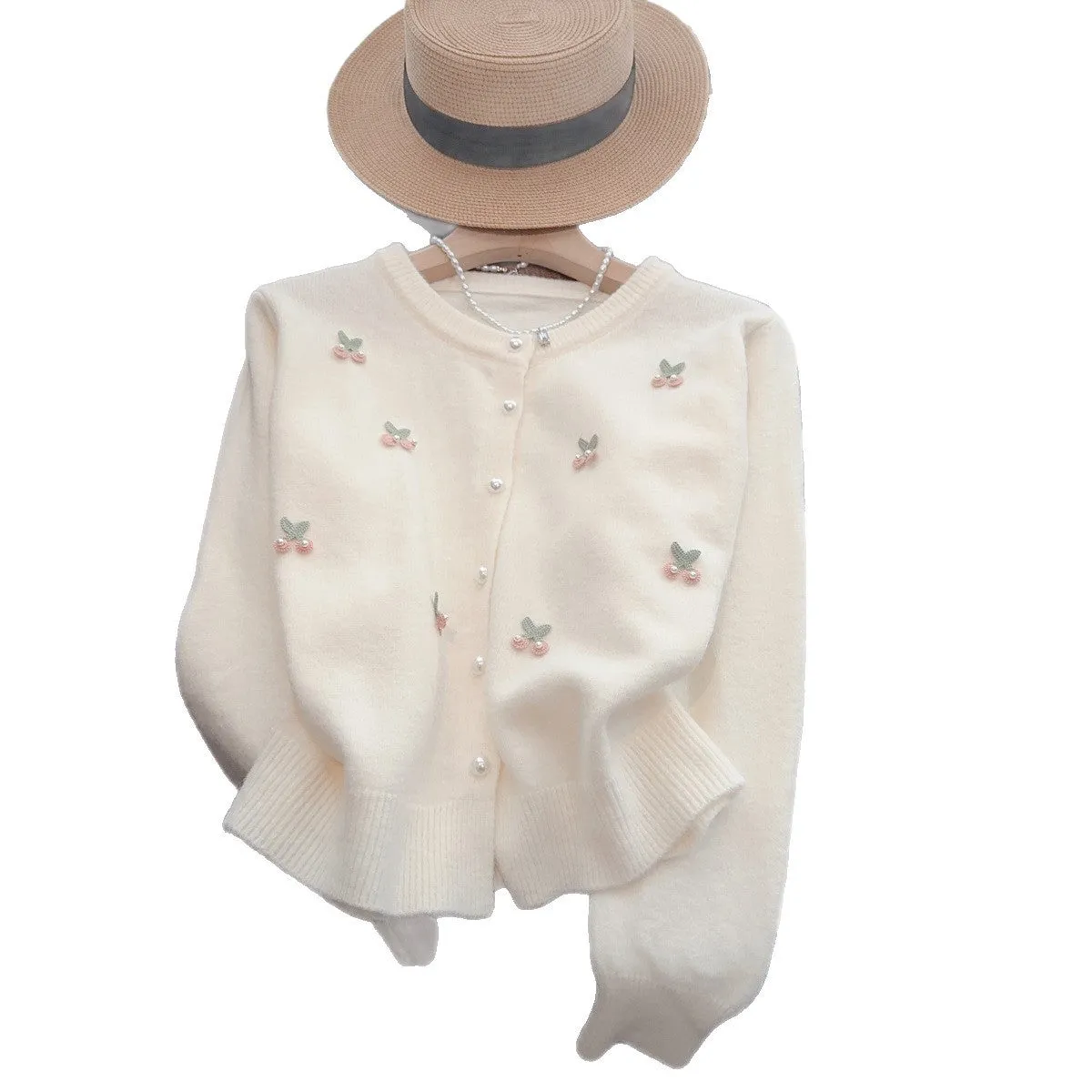 French cashmere cardigan coat with beaded round neck decoration in multiple colour options