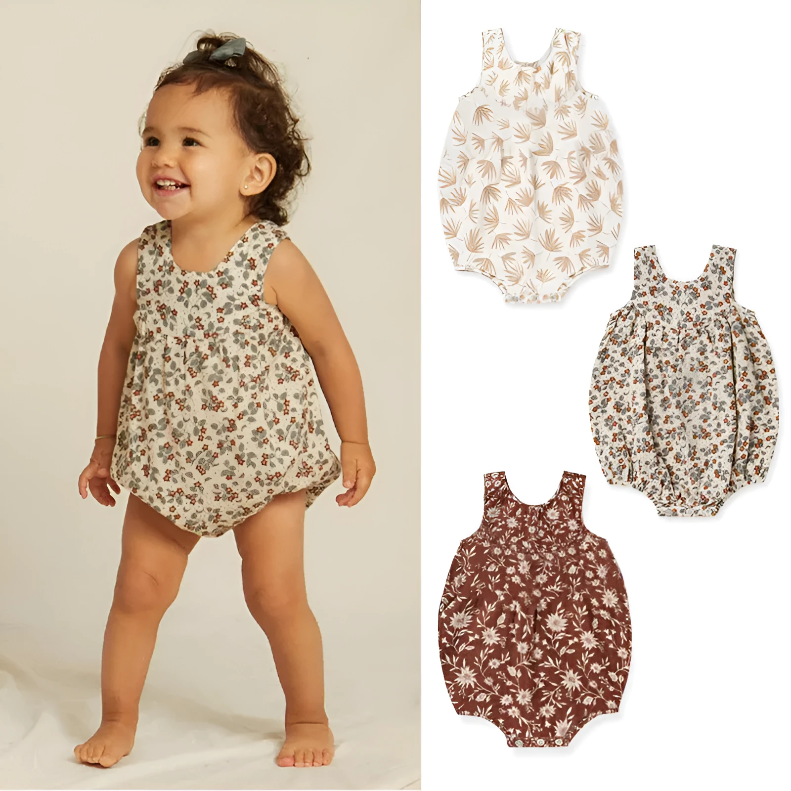 Cotton floral sleeveless baby romper in beige leaves colour for summer, suitable for 66-90cm height