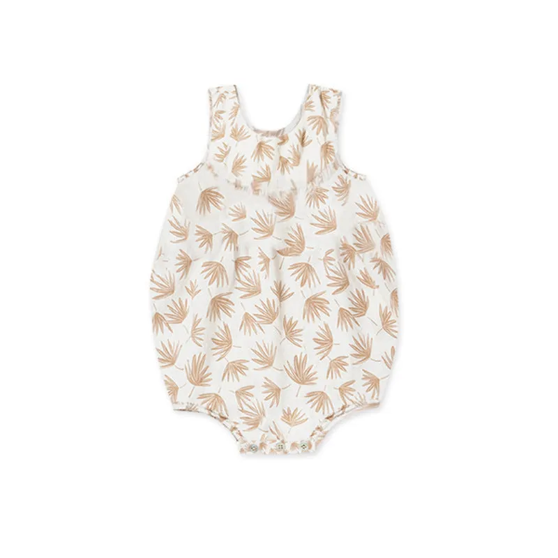 Cotton floral sleeveless baby romper in beige leaves colour for summer, suitable for 66-90cm height