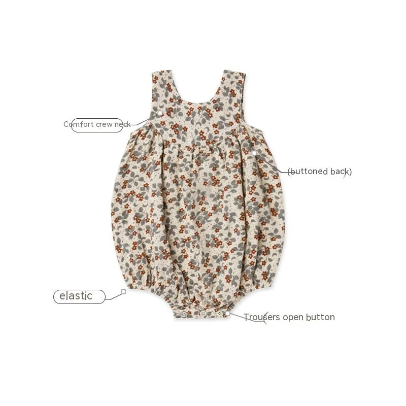 Cotton floral sleeveless baby romper in beige leaves colour for summer, suitable for 66-90cm height