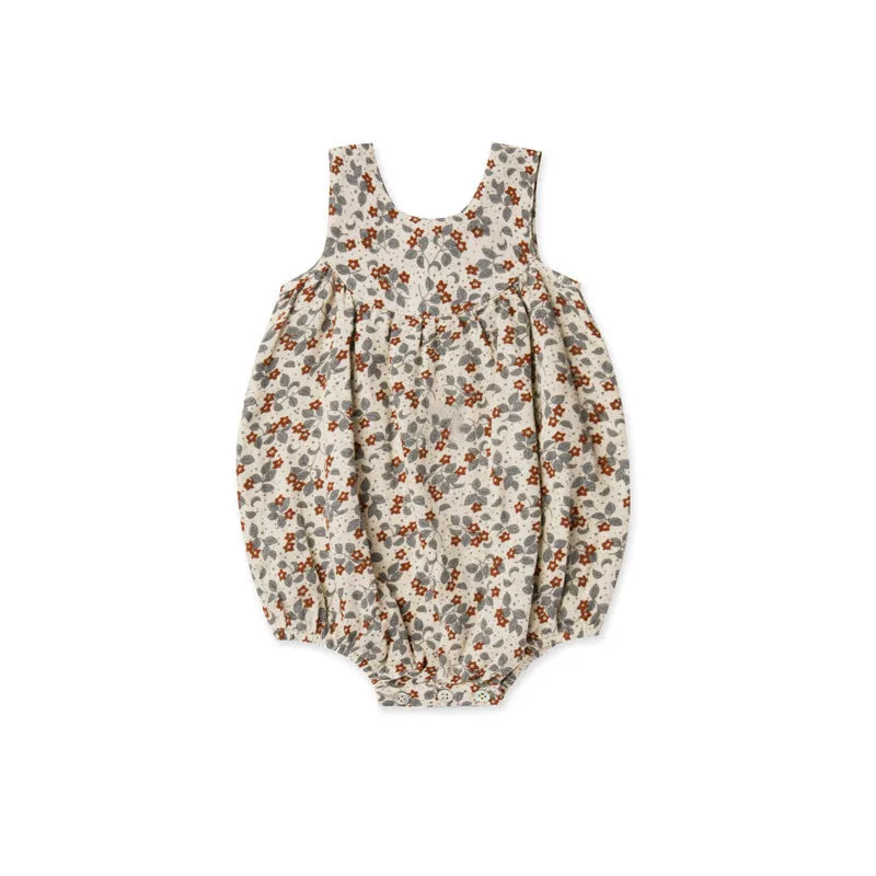 Cotton floral sleeveless baby romper in beige leaves colour for summer, suitable for 66-90cm height