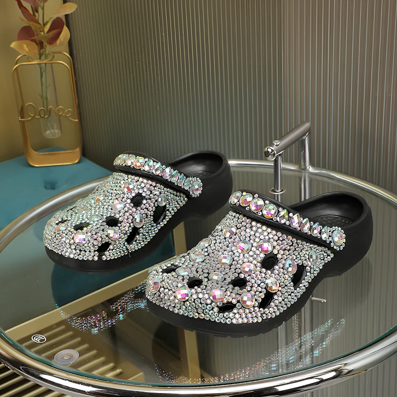 Black platform sandals for women with rhinestone decoration and EVA foam construction