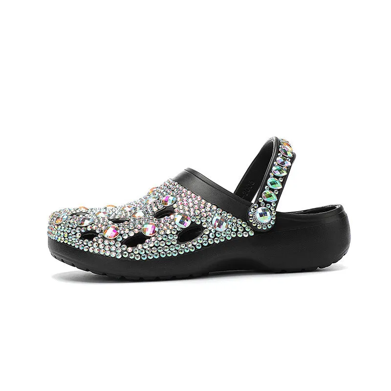 Black platform sandals for women with rhinestone decoration and EVA foam construction