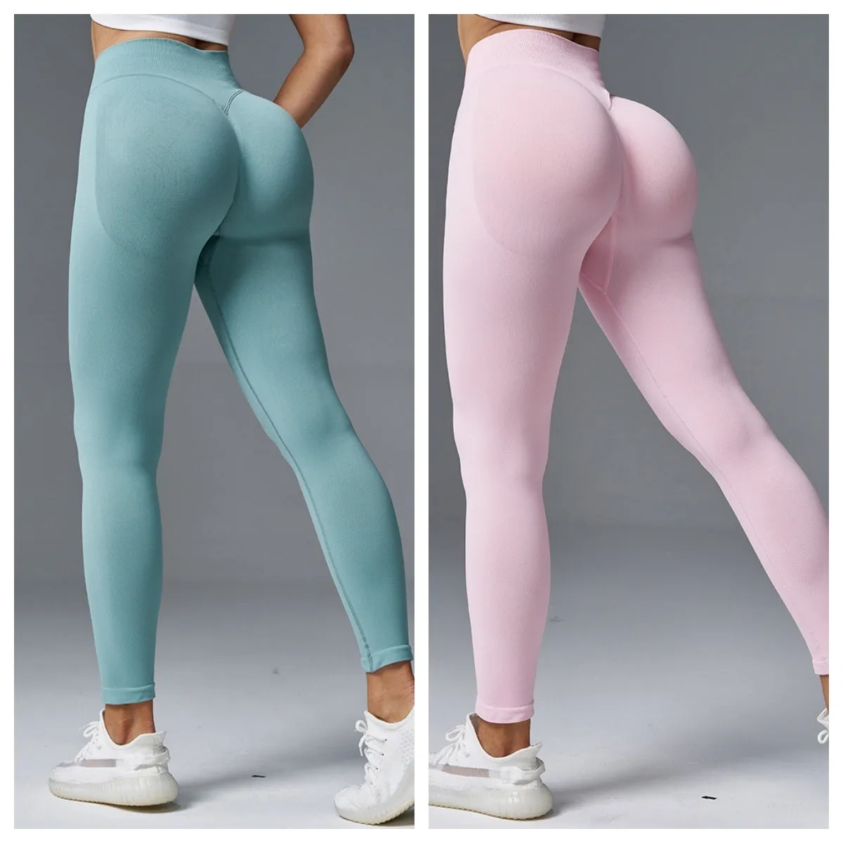 Women's solid colour mid-waist yoga pants in a cotton blend fabric for fitness.