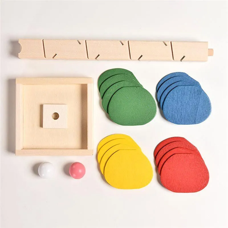 Wooden children's educational tree model with coloured chips and a small ball on top, 21cm tall