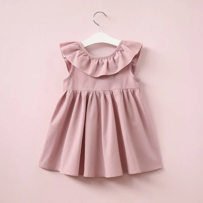 Children's sleeveless summer cotton dress with lotus leaf skirt, pink colour, for girls 3-8 years
