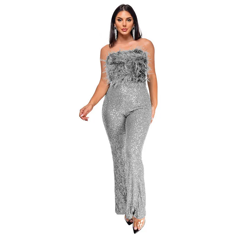Women's sleeveless backless jumpsuit with flared legs and sequin feather detail