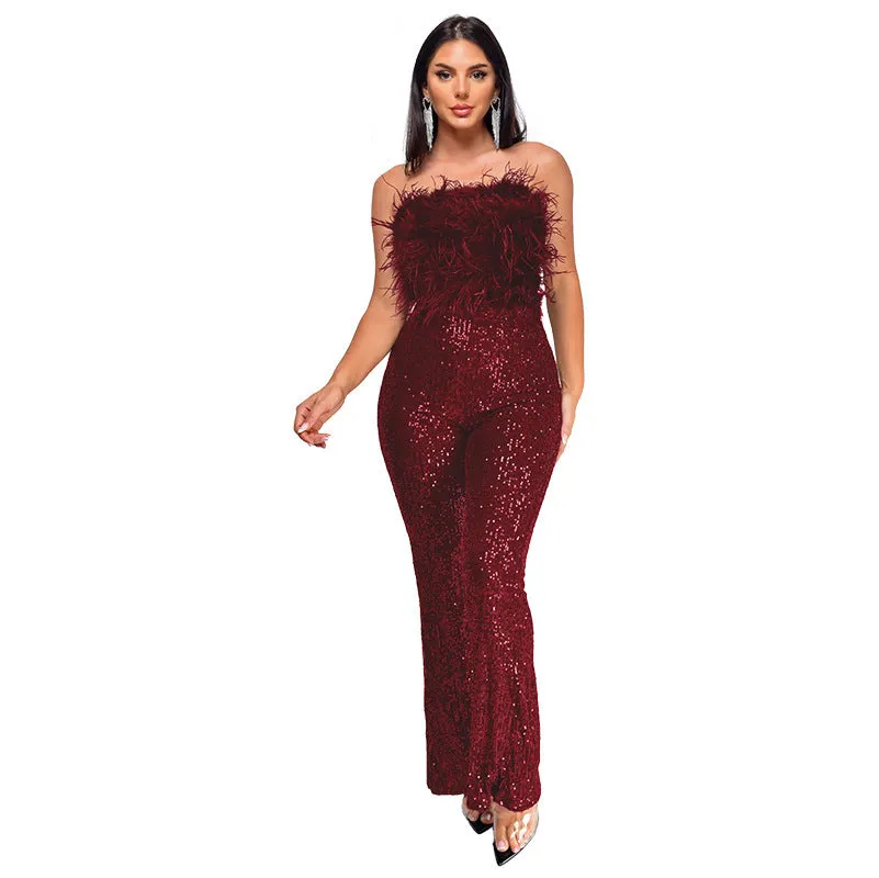Women's sleeveless backless jumpsuit with flared legs and sequin feather detail