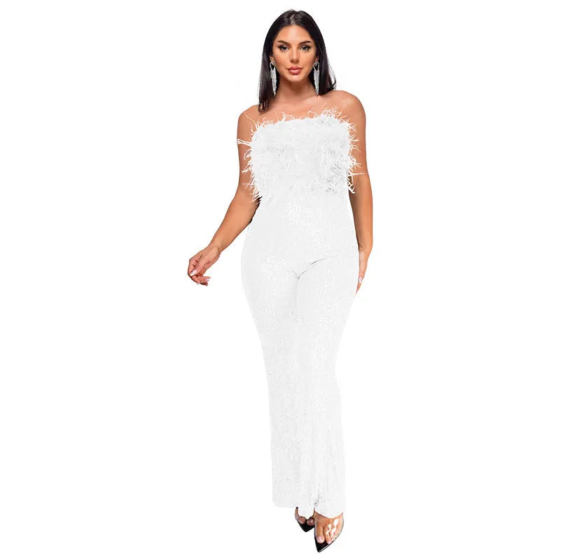 Women's sleeveless backless jumpsuit with flared legs and sequin feather detail