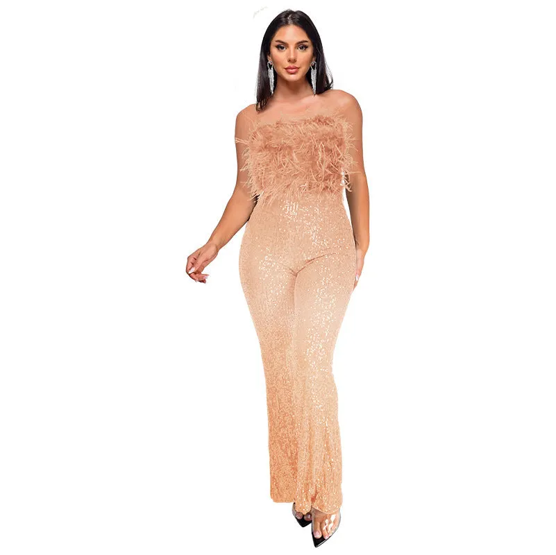 Women's sleeveless backless jumpsuit with flared legs and sequin feather detail