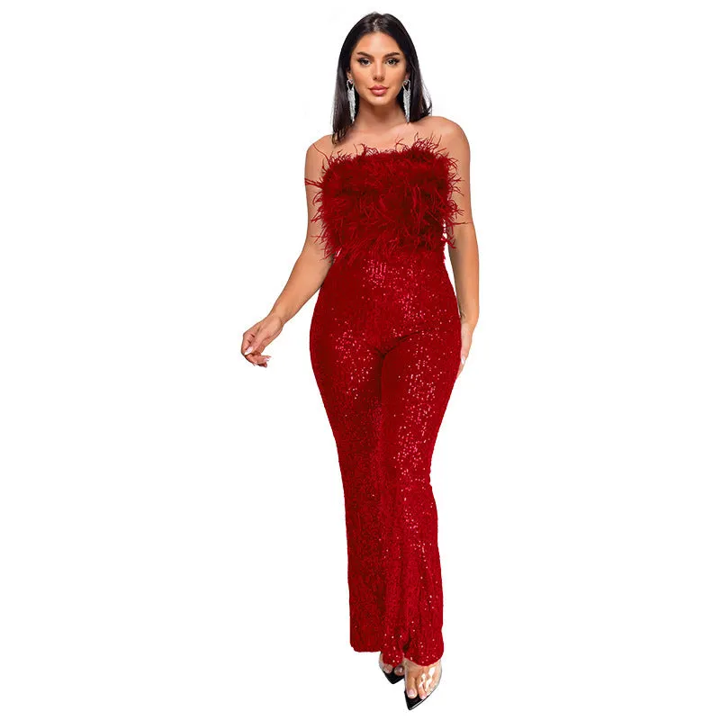 Women's sleeveless backless jumpsuit with flared legs and sequin feather detail