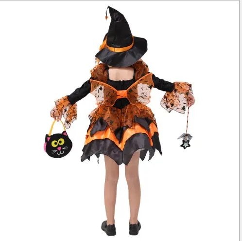 Halloween witch princess dress for girls in polyester blend with size options 100cm to 160cm