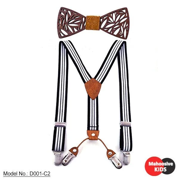 Children's wooden bow tie set with striped suspenders and belt on a boy for wedding