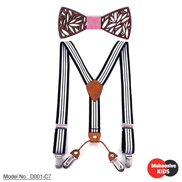 Children's wooden bow tie set with striped suspenders and belt on a boy for wedding