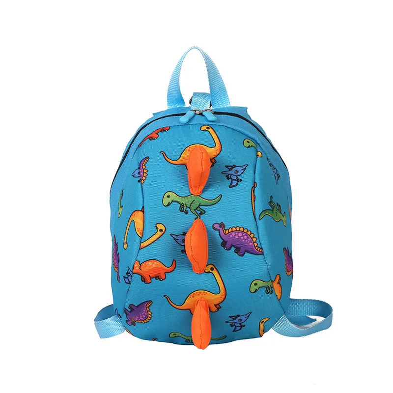 Dinosaur cartoon backpack in blue with printed animal pattern, Oxford cloth, zip closure