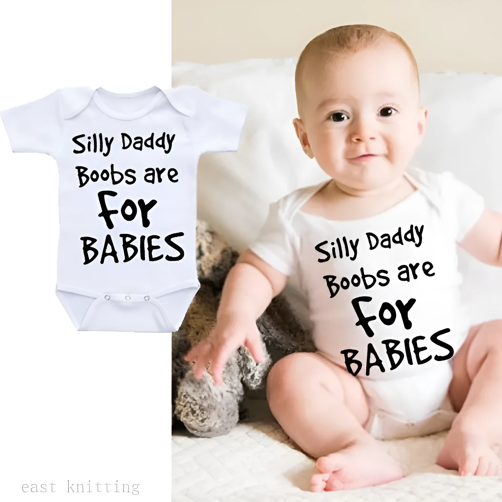White triangle climbing baby bodysuit with black text reading 'Silly Daddy Boobs Are For Babies'