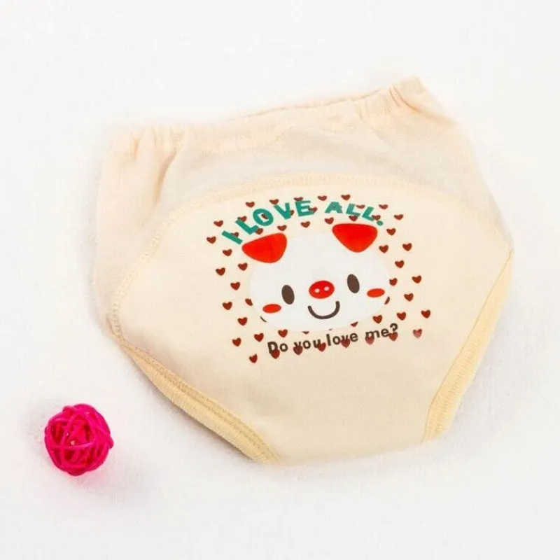 Reusable cotton training pants with four layers including waterproof PU barrier, animal print design